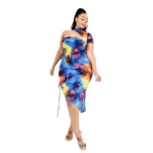 Open image in slideshow, Aaliyah Tie Dye Asymmetric Hem One Shoulder Midi Dress Plus - Bronze Doll
