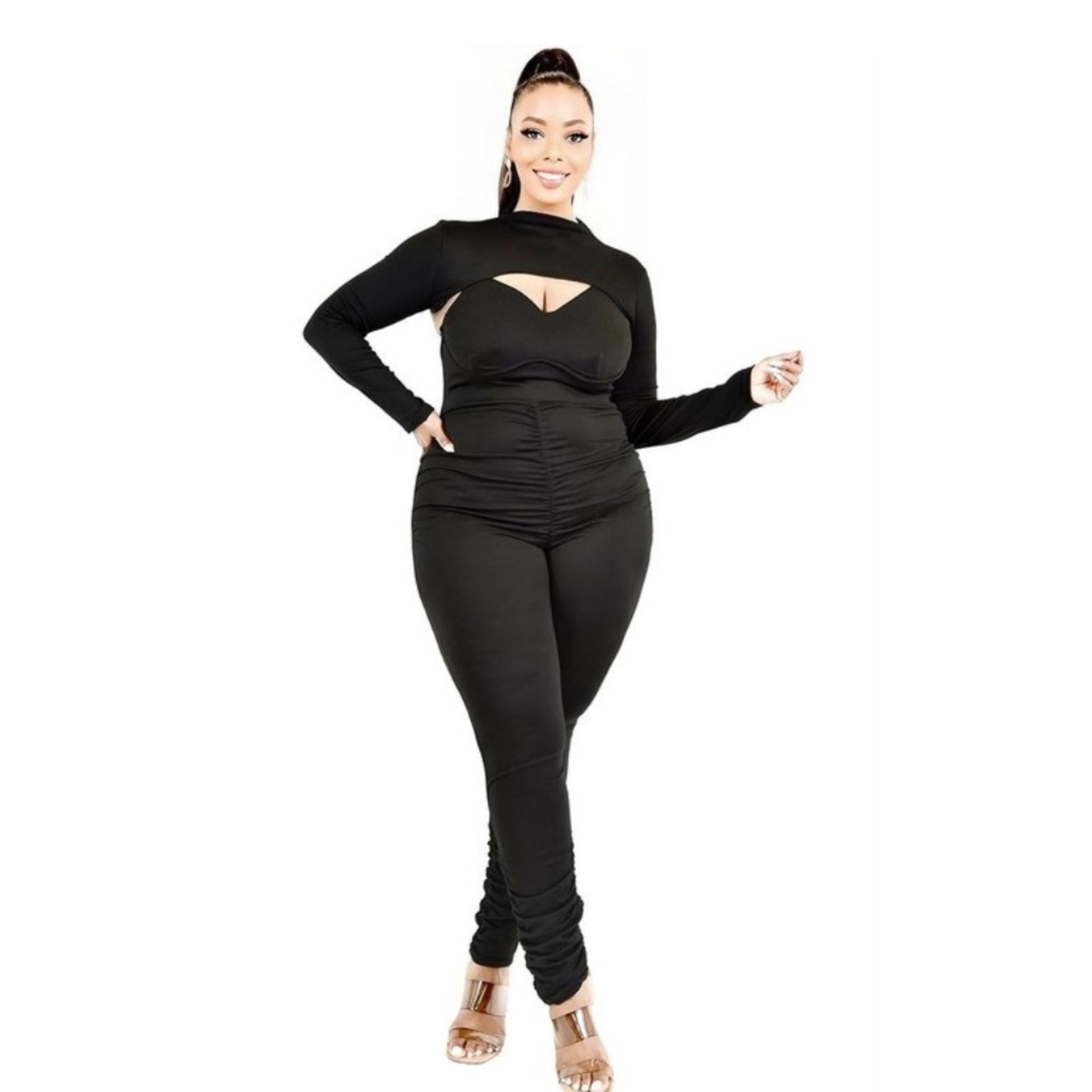 Kandi Two Piece Shrug and Ruched Jumpsuit Plus
