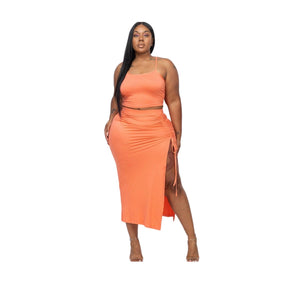 Open image in slideshow, Paloma Cami Top &amp; Ruched Side Slit Midi Skirt Two Piece Set Plus - Bronze Doll
